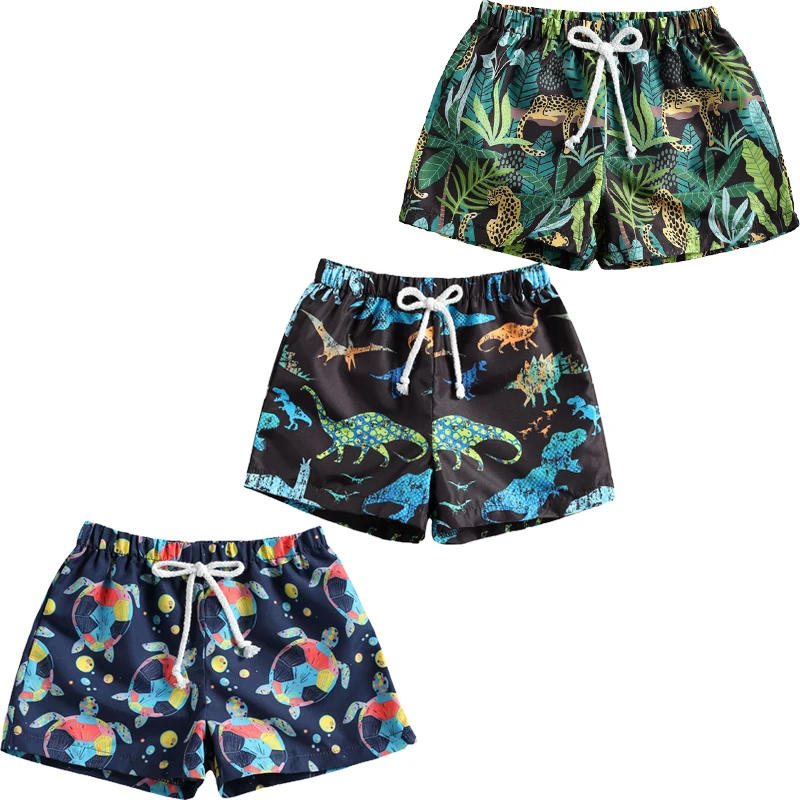 Lioraitiin 1-5Y Summer Casual Kids Boys Board Shorts Cartoon Animal Print Elastic High Waist Beach Shorts 3 Colors