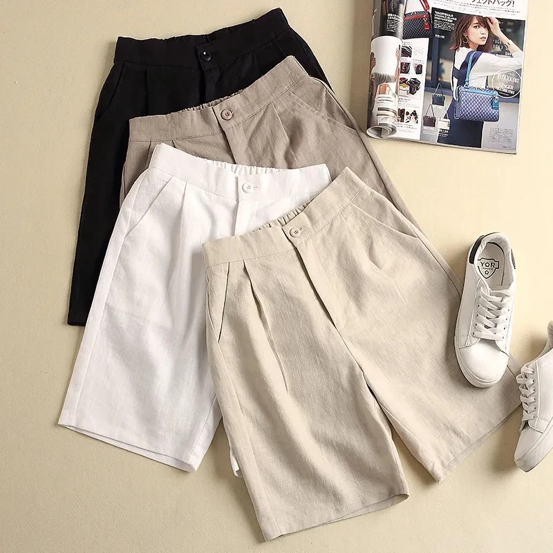 Khaki Solid Casual Linen Cotton Elastic High Waist Wide Leg Button Loose Women's Shorts Korean Fashion Summer Shorts Women 2024