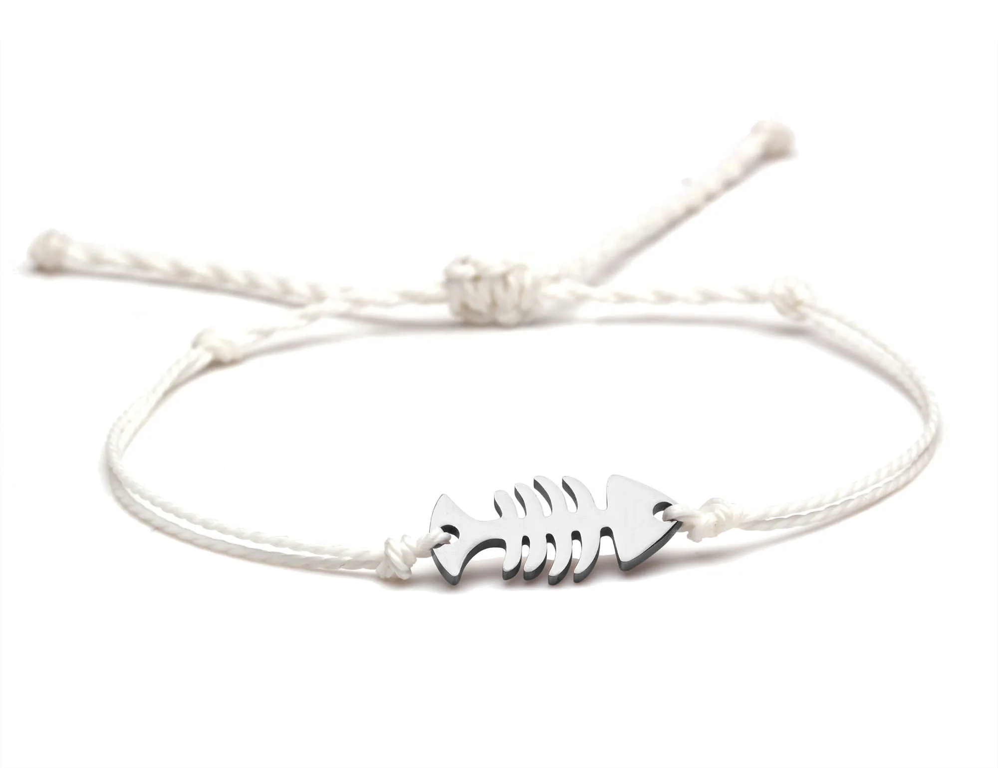 Pretty Cute Stainless Steel Fish Bone Charm Bracelet Women Female White Brown Black String Pure Handmade Nautical Surf Jewelry