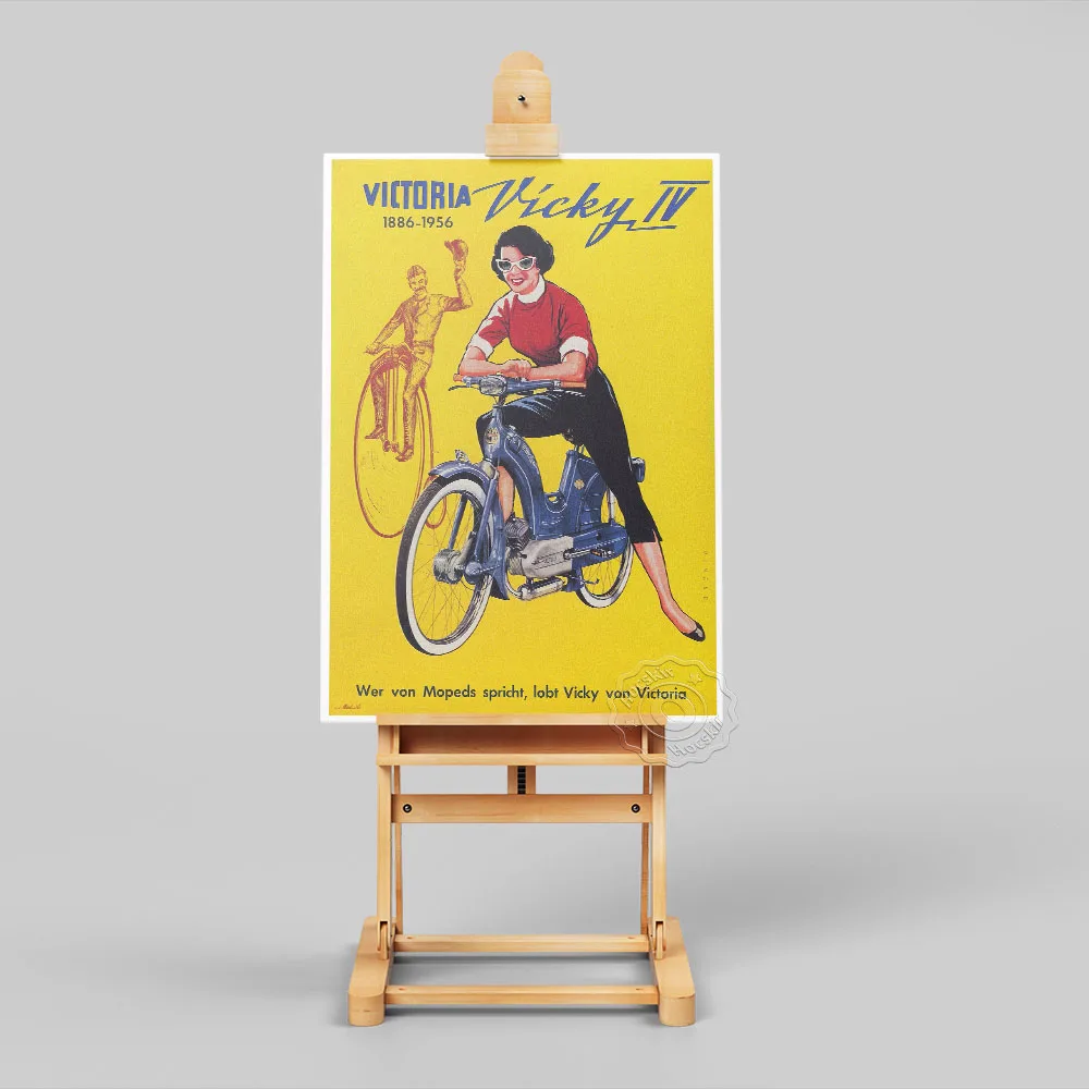 1960s Advertising Publicity Art Poster, Victoria Vicky Iv Bicycle Yellow Background Canvas Painting, Vintage Art Home Wall Decor