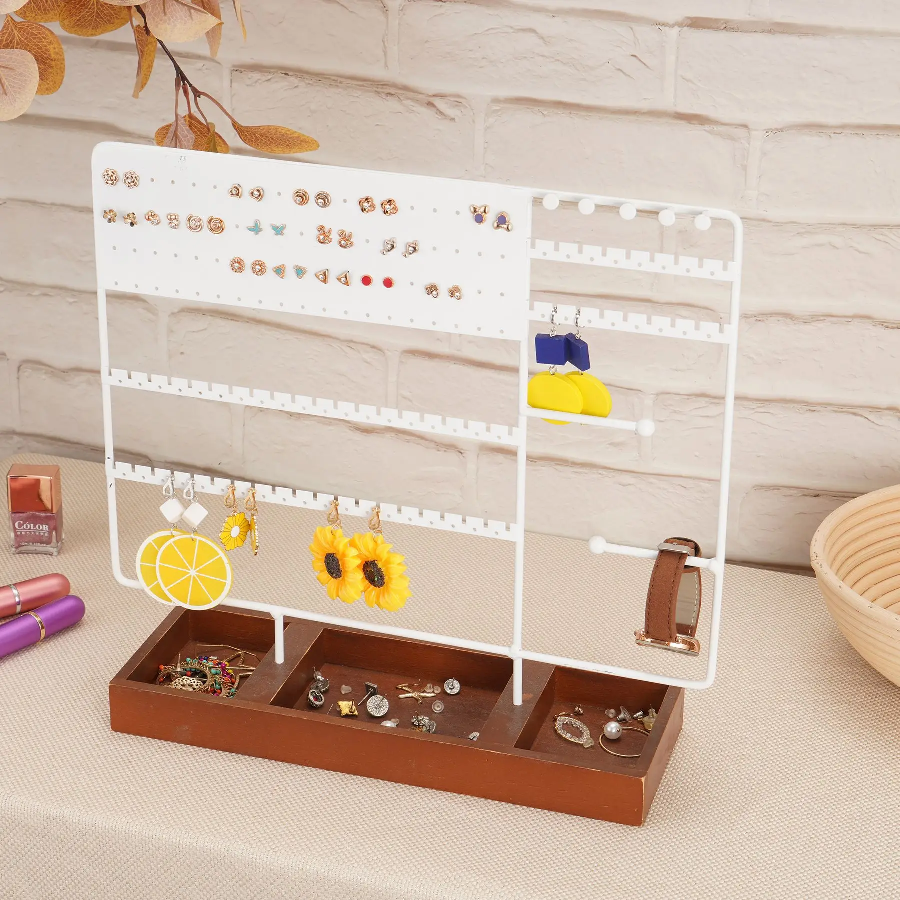 130Holes Jewelry Display Stand Ear Stud Holder Tower Rack Jewelry Organizer with Wooden Tray for Earring &Bracelet Necklace Ring