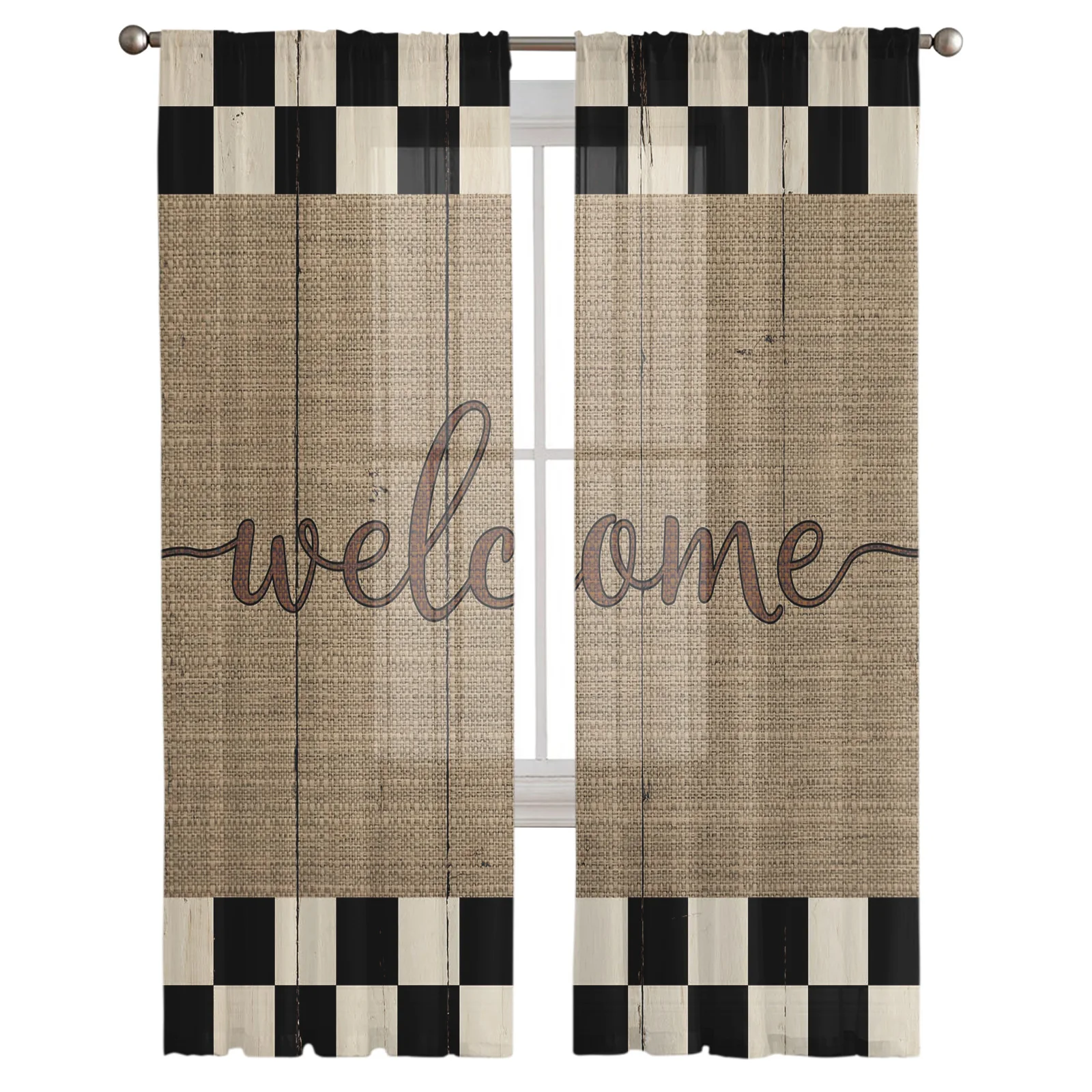 Plaid Wood Grain Retro Welcome Sheer Tulle Window Curtains For Living Room Bedroom Kitchen Veiling Curtain Home Decoration