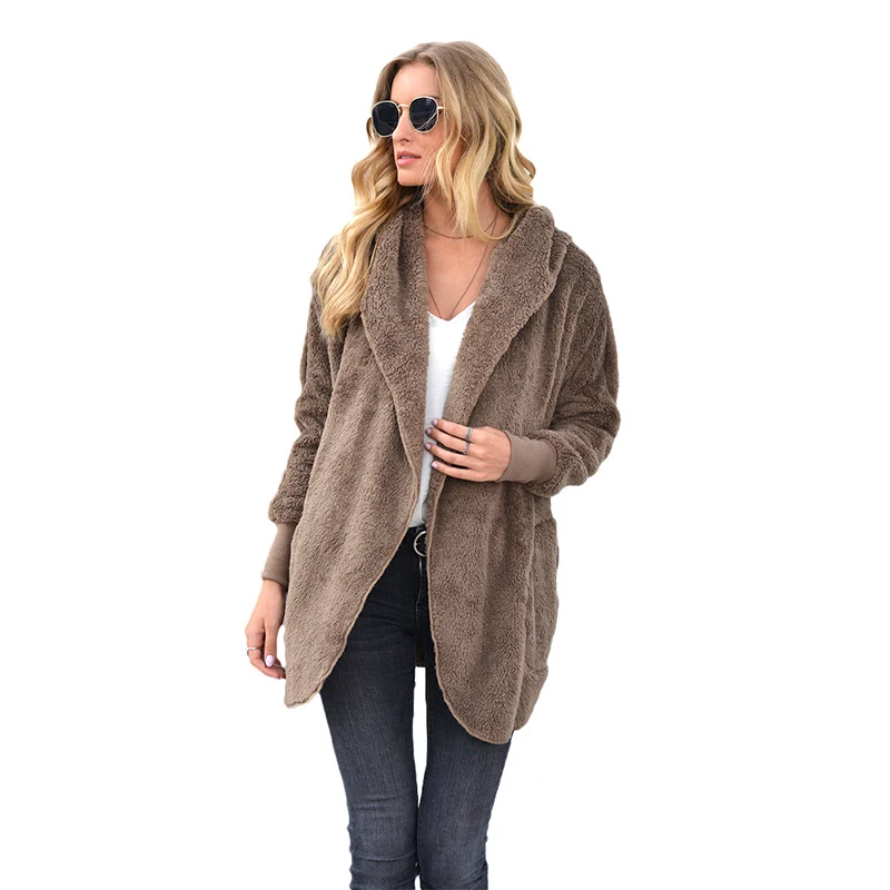 

Casual Hooded Coat Women Lapel With Pockets Long Sleeve Cardigan Nice Autumn Loose Elegant Outerwear Warm Coats Female LD1868