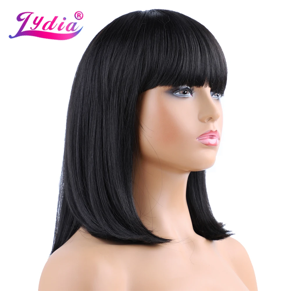 Lydia Synthetic Wigs For Women 100% Kanekalon Black 1B# Bob Wig 14 Inch Heat Resistant With Free Side Neat Bang
