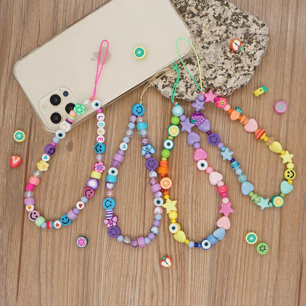 Boho Simulated Pearl Acrylic Mobile Phone Strap Lanyard Soft Pottery Cartoon Smile Star Anti-lost Phone Cord Chain цепочка