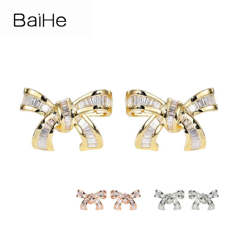 BAIHE Solid 14K Yellow/Rose/White Gold H/SI Natural Diamond Bowknot Stud Earrings Women Wedding Trendy Fine Jewelry серьги