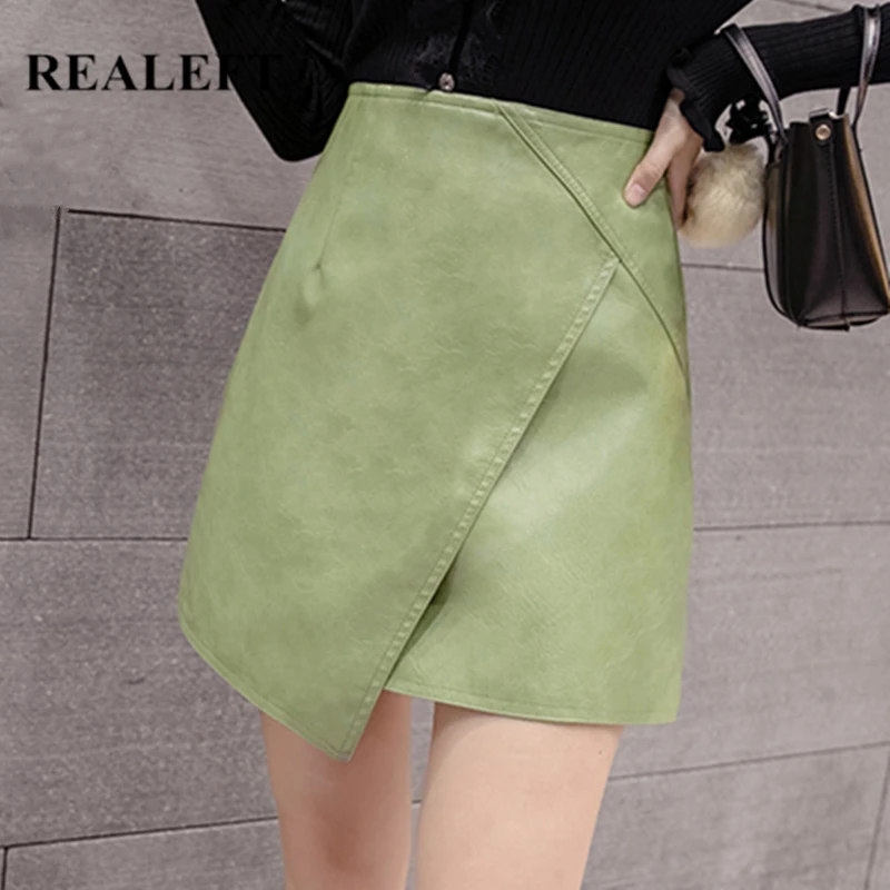 REALEFT Autumn Winter Irregular Faux PU Leather Women Skater A-Line Skirt 2021 New High Waist Office Wrap Pencil Sexy Mini Skirt