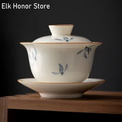 165ml Hand Painted Butterfly Orchid Aer Ceramic Gaiwan White Porcelain Tea Lid Set Tea Maker Master Cup Mug Kung Fu Tea Ceremony
