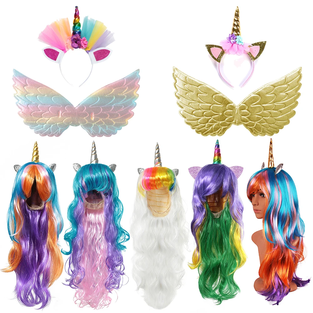 Rainbow Wig Princess Hair Custume Cosplay Girls Kids Long Fake Hair Cosplay Cartoon Accessories Children Gifts