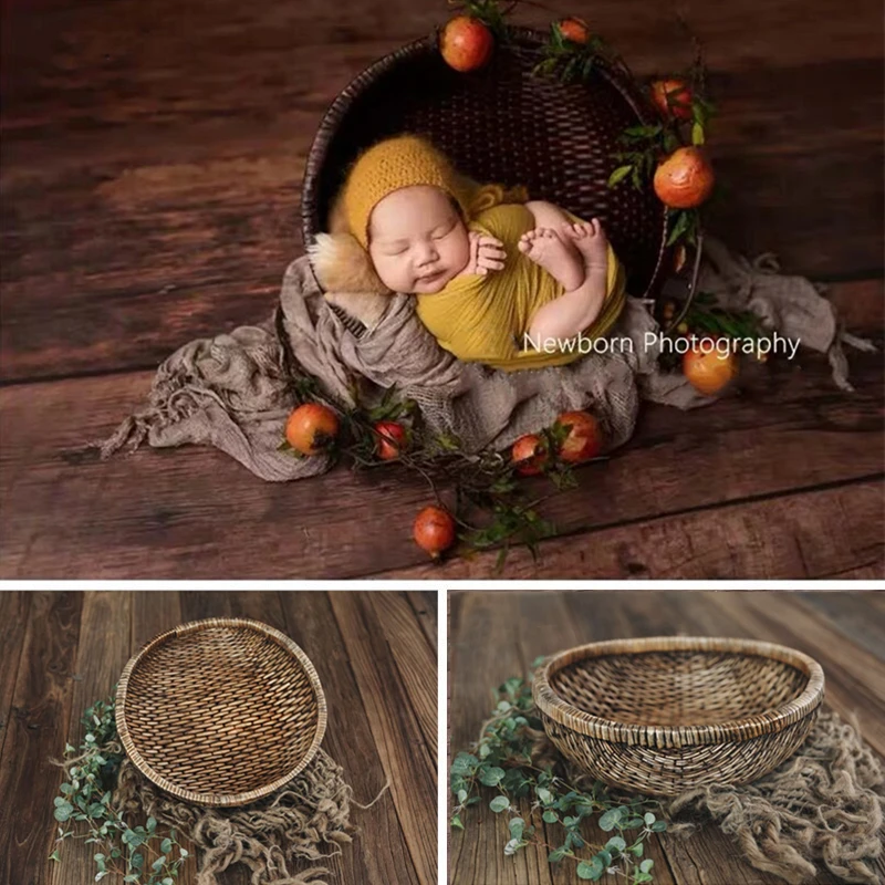 Newborn Photography Props Vintage Woven Basket Baby Container Mat Photo Studio Shooting Posing Frame Infant Furniture Background