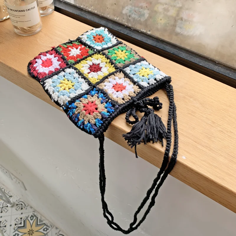 Lady Knitting Gypsy Bohemian Boho Chic Aztec Tote Bag Women Crochet Woolen Open Shopper Top-handle Bag 2021 Female Daily Handbag