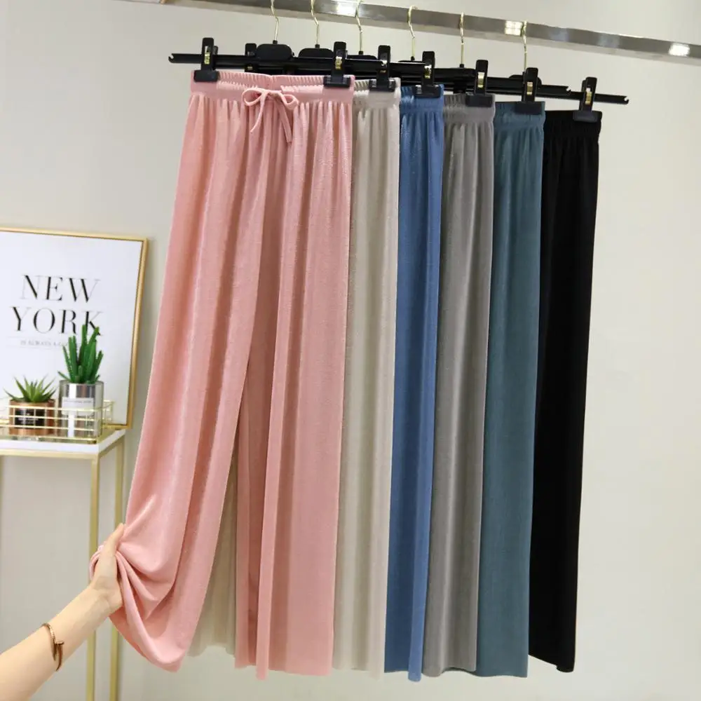 

Ice Silk Wide-Leg Pants Female 2020 Summer New Korean Version High Waist Straight Casual Pants Ladies Ankle-Length Thin Pants