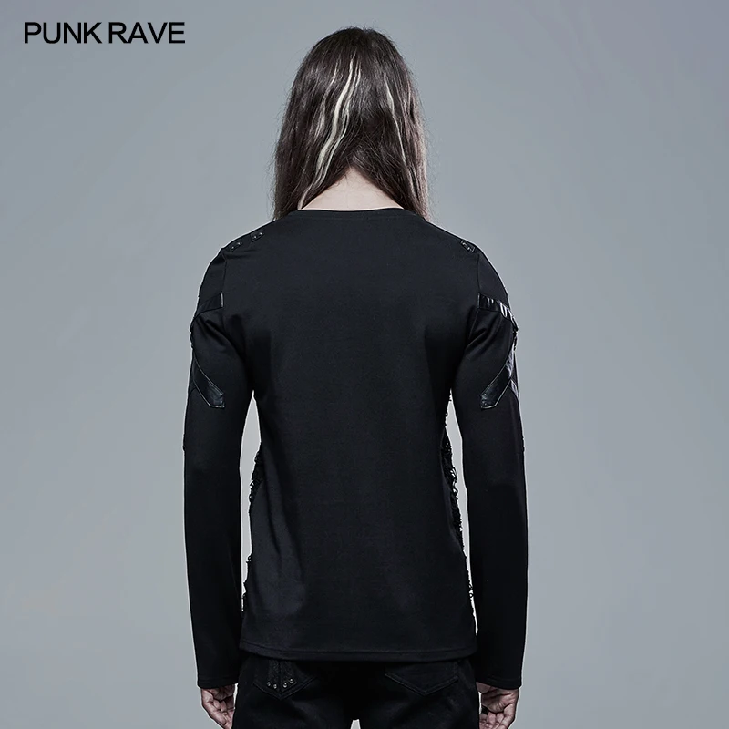 PUNK RAVE Men\'s Gothic Church Building Structure Knited Elastic Long Sleeve T-shirt Punk Personality Casual Men Black Tops