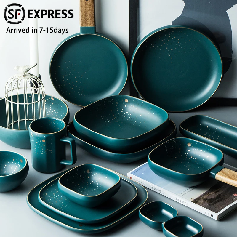 Tableware Set High Fashion Retro Green Nordic Ceramic Dinnerware Set Bowl Plate Soup Bowl Tray Set Flatware Dinner Kitchen