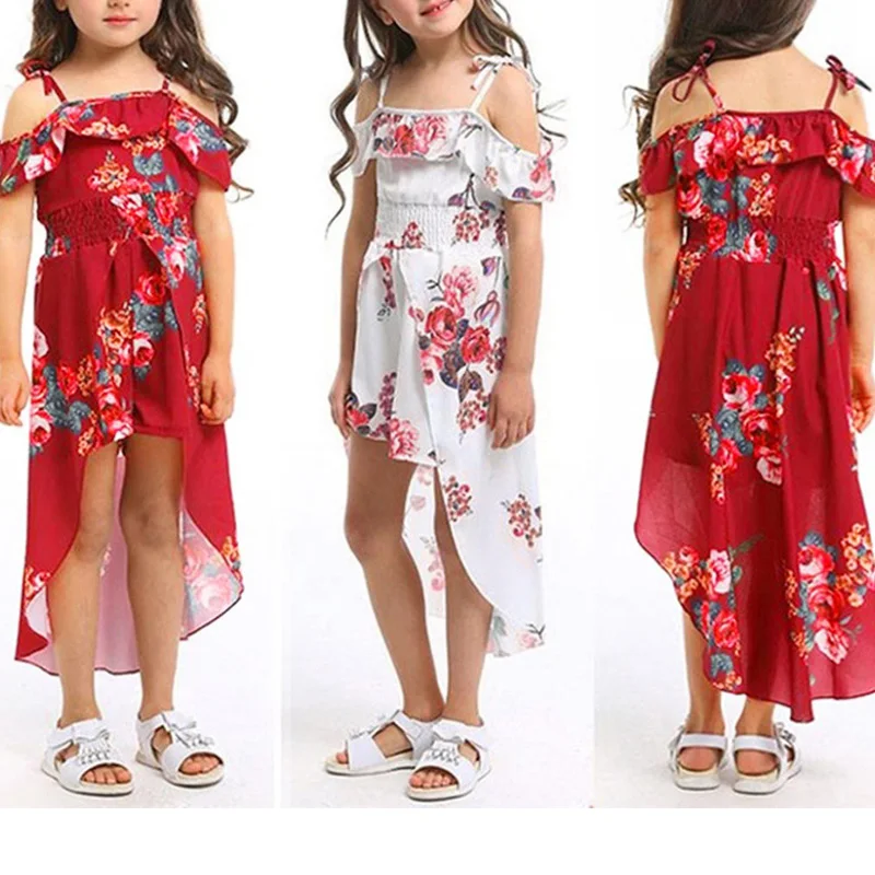 Summer Sling Floral Dress Girl Princess Elegant Ruffles Irregular Culotte Dresses Beach Child Girls Clothes  0-1  2  3   4  Year