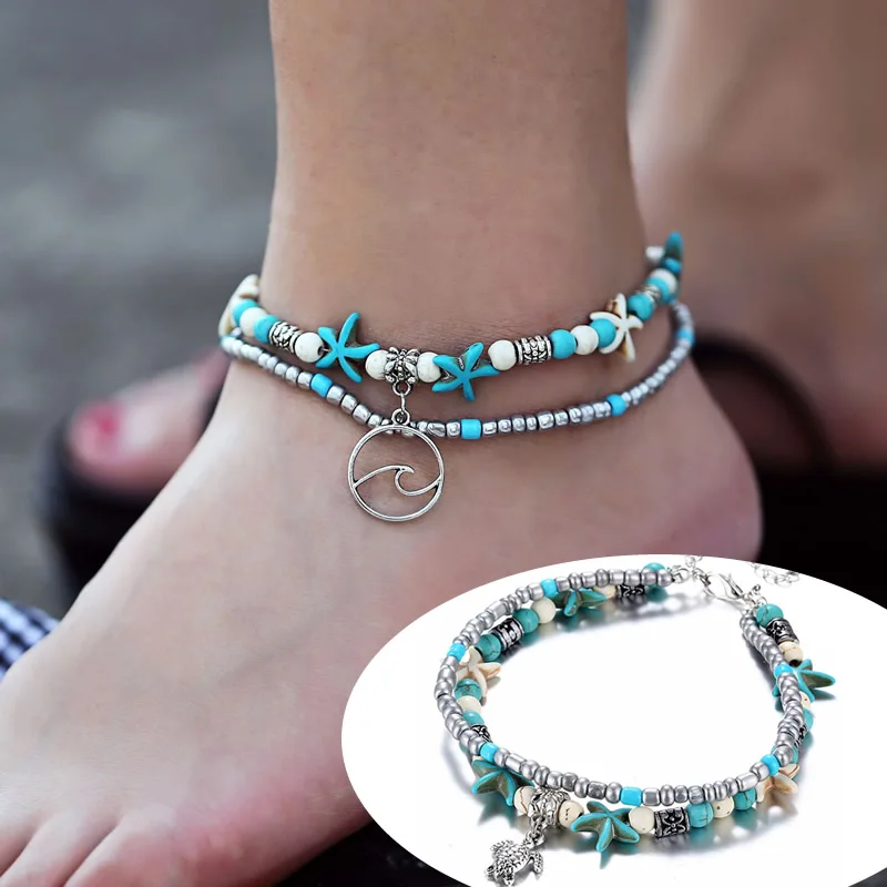 Ladies Anklet Starfish Natural Shell Feet Summer Beach Barefoot Bracelet Ankle Silve Chain Bohemian Accessories Girl Gift