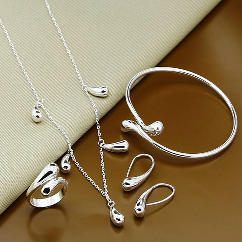 New 925 Sterling Silver Water Drop/Rain Drop Necklace Bracelet Ring Earring Set For Female Wedding Glamour Jewelry