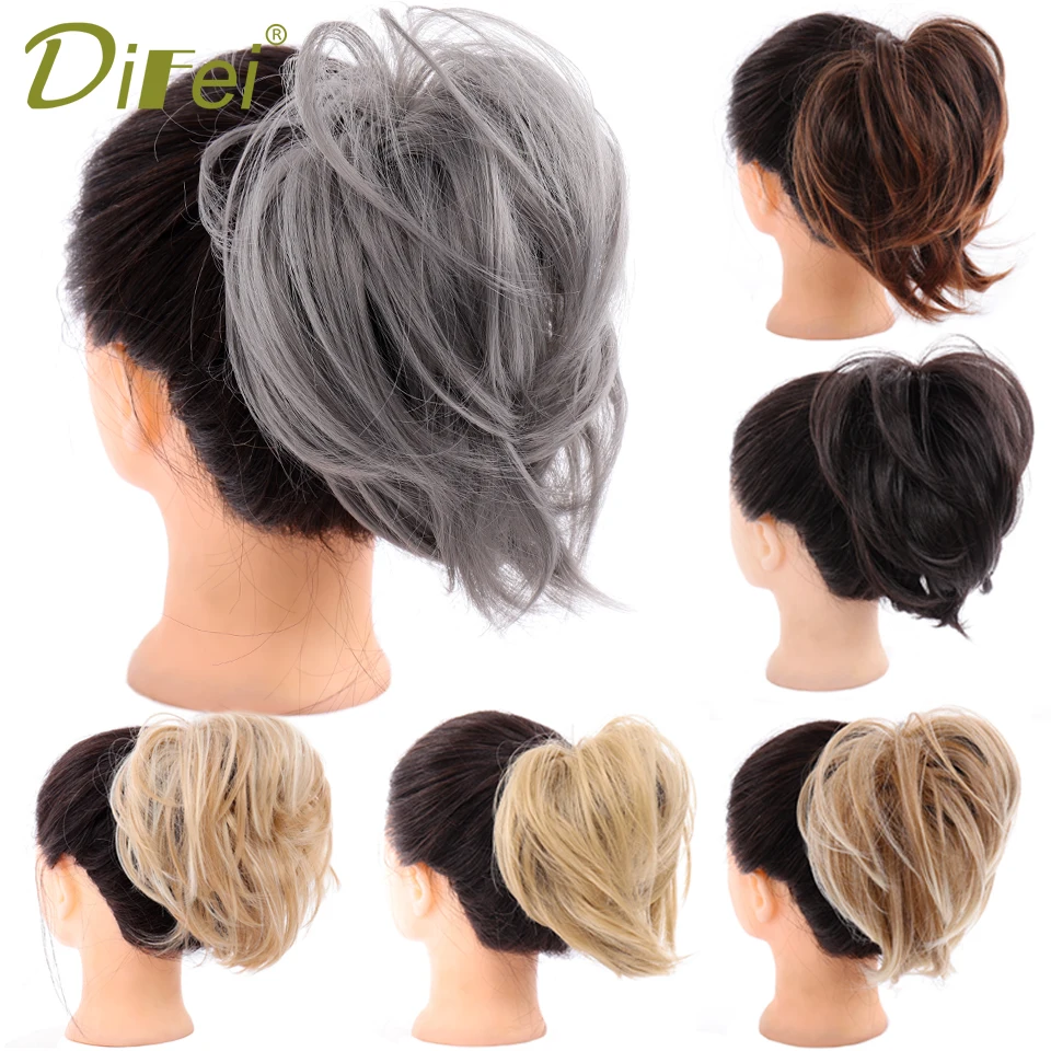 DIFEI Short Straight Messy Synthetic Hairpieces for Women Hair Bun Elastic Rubber Band Chignon Updo Donut Wrap On Ponytail