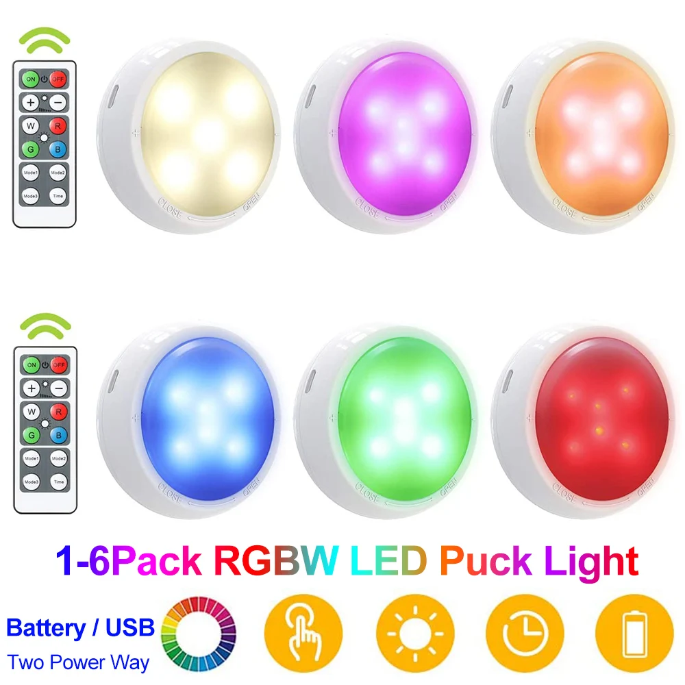 

RGBW LED Wall Lights Battery USB Powered Puck Light Remote Control Dimmer Timing Under Cabinet Lamp Home Closet Lighting Decor