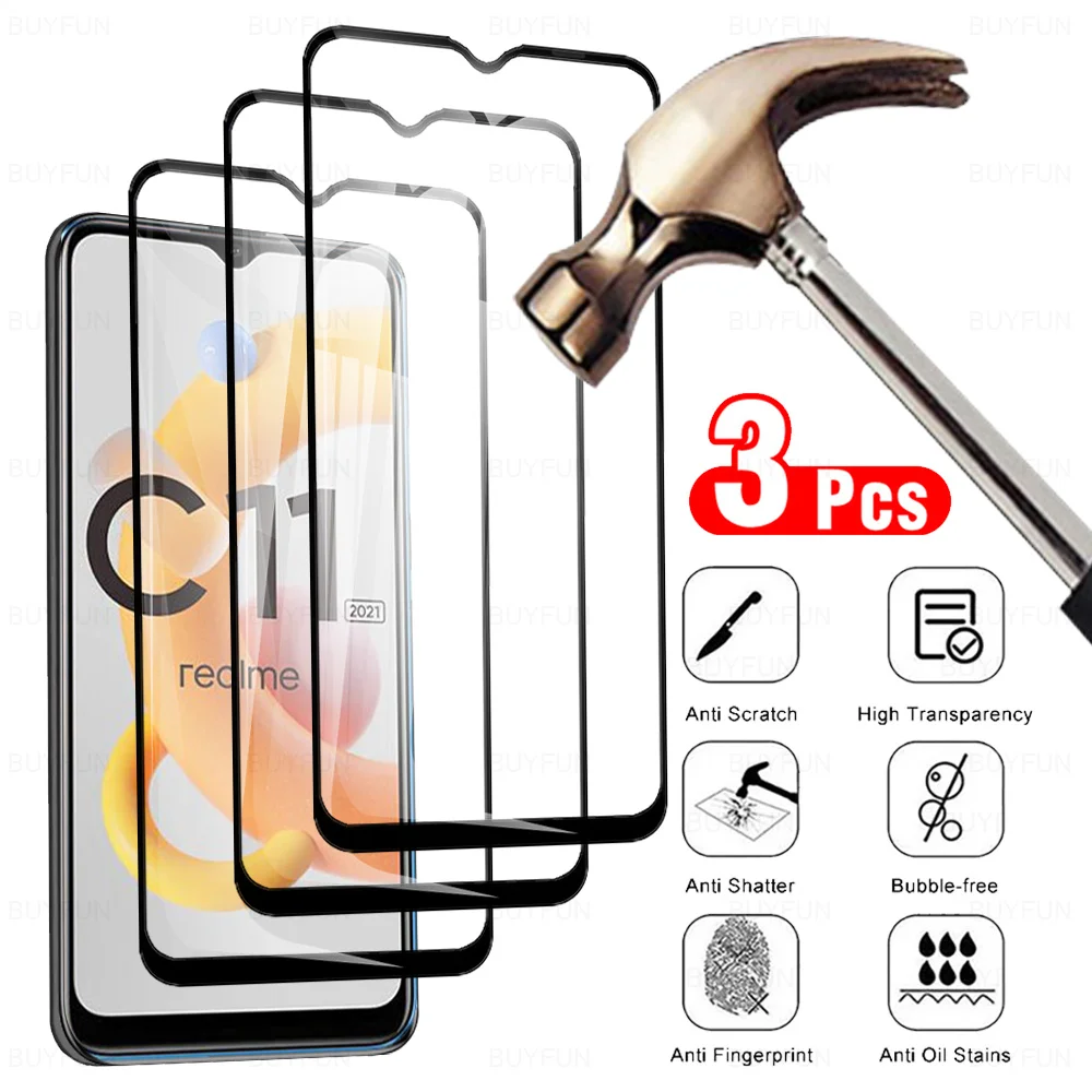 3 pçs cobertura completa de vidro temperado para realme c11 2021 protetor de tela para realme c21 c21y c25 c25s c12 c15 película protetora de segurança