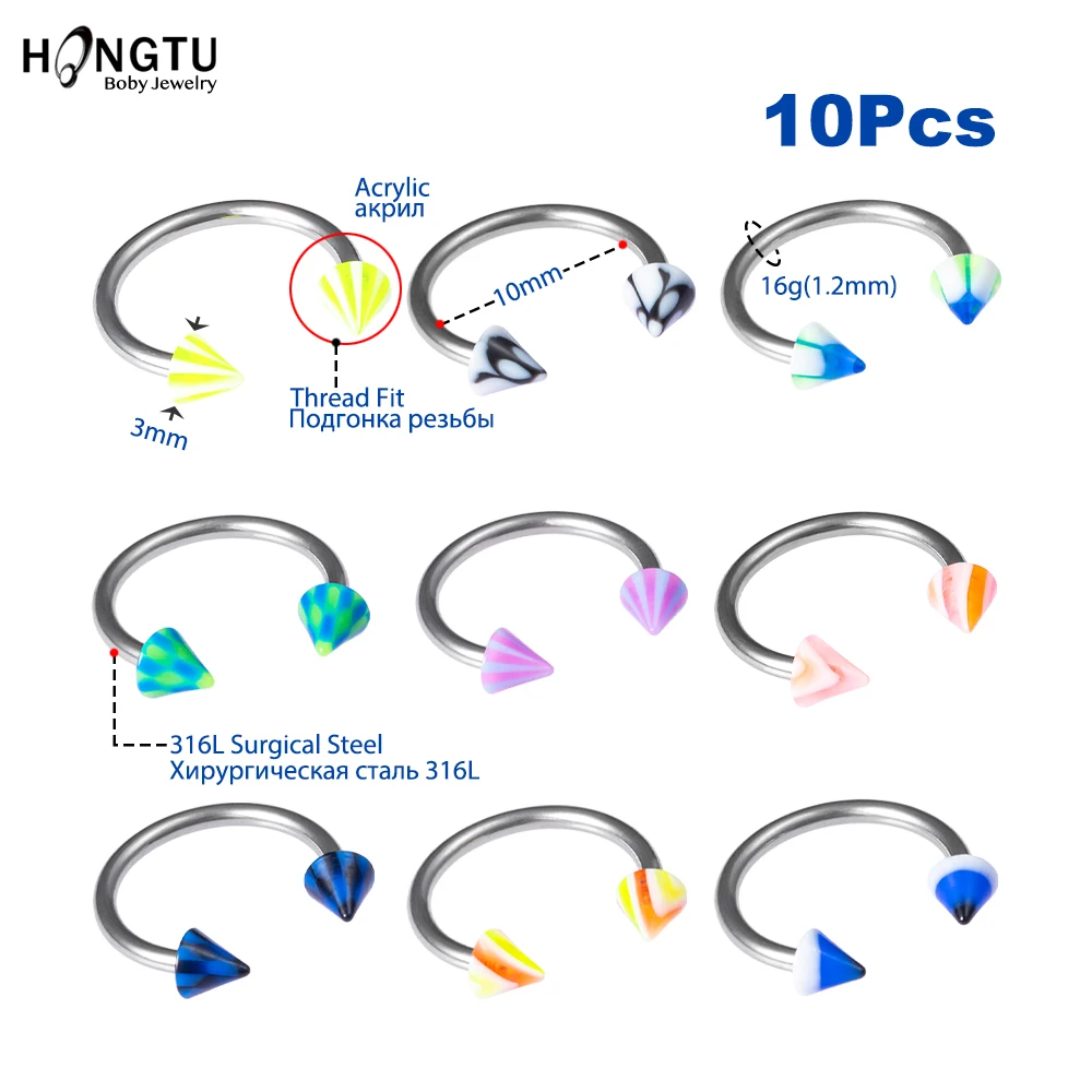 HONGTU 10pcs Circular Horseshoe Ring Nose Septum Ring Lip Rings Earrings 16g Steel & Acrylic Piercing Body Jewelry Wholesale