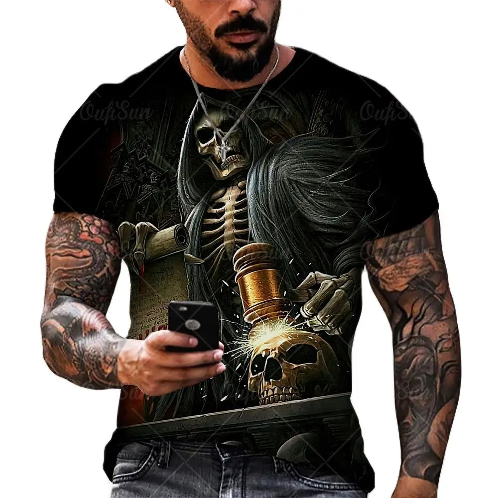 Summer Men\'s T Shirt Horror Skull Head Print 3d T-Shirts Fashion Streetwear Short-Sleeve O-Neck Tees Tops Oversized Man Clothes