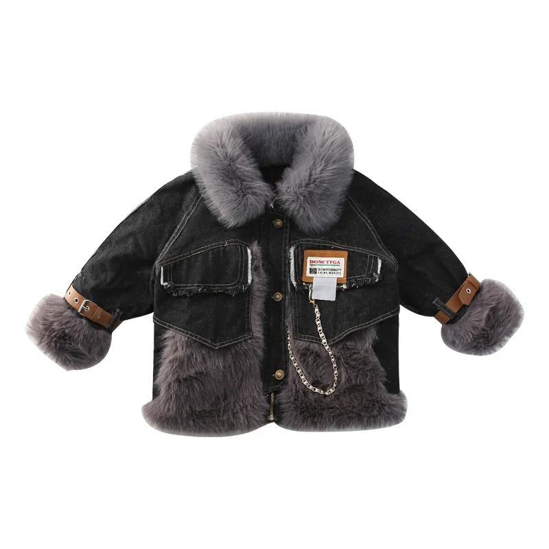 Warm Jacket For Girls Fur Coats For Children\'s Clothes Winterwear Denim Patchwork Girl\'s thick warm Jacket Fashion Faux Fur Coat