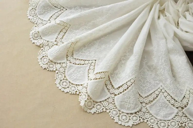 

Cotton Lace Fabric By The Yard - Off White - Both Scalloped Border - Hollowed Out Wedding Fabric