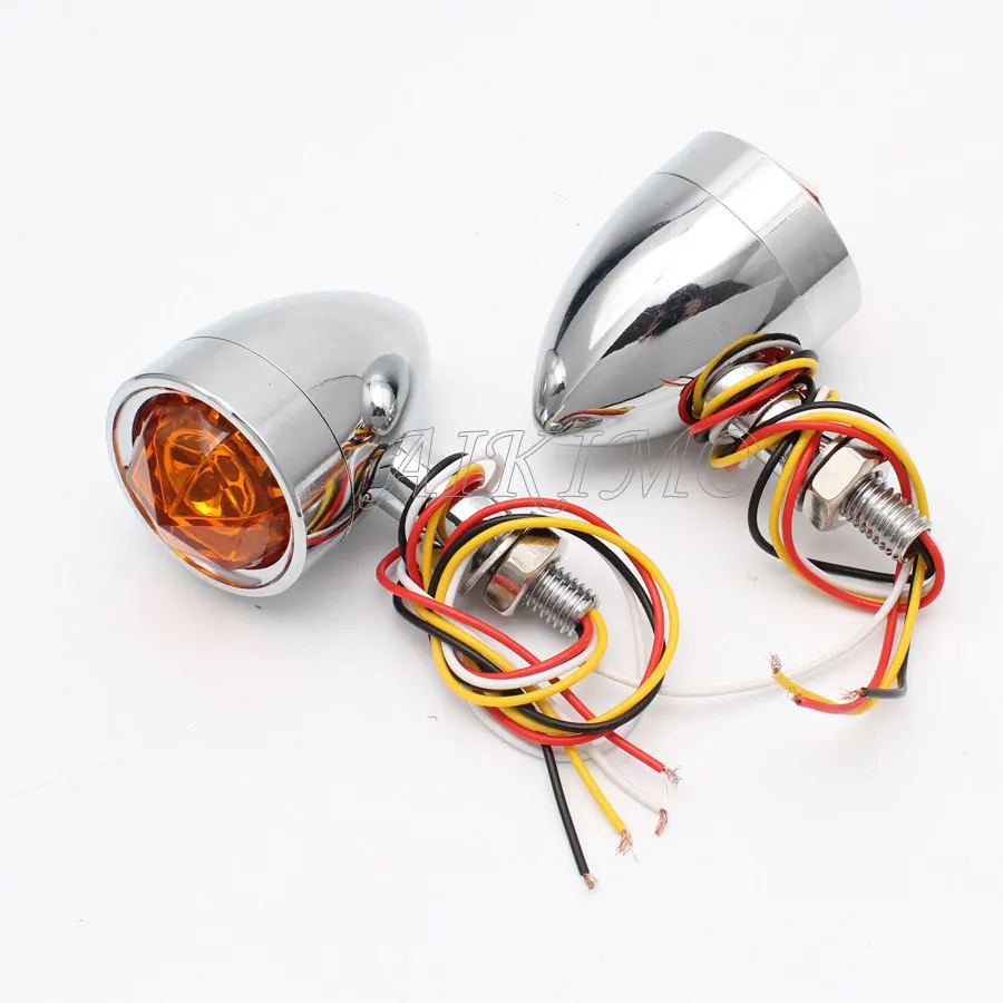 Universal Chrome Motorcycle Turn Signal Bullet Lights Amber Diamond Lens LED Brake Indicator Light Lamp For Harley Bobber Bikes