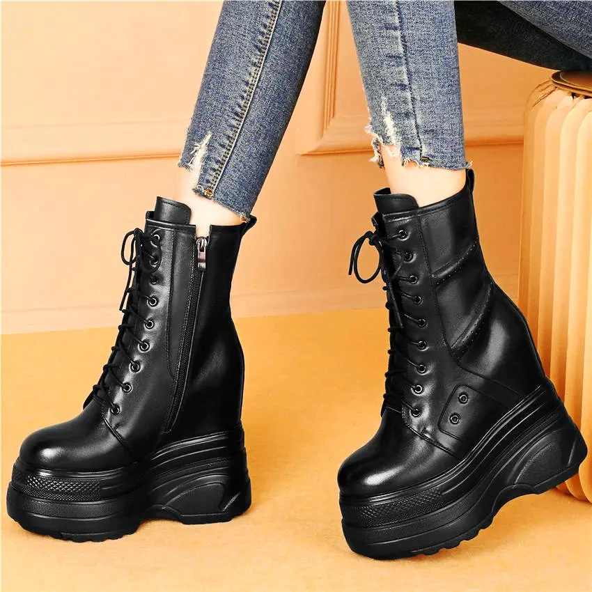 Huge High Heel Platform Ankle Boots Women Genuine Leather Round Toe Creepers Thick Sole Oxfords Party Pumps Punk Goth