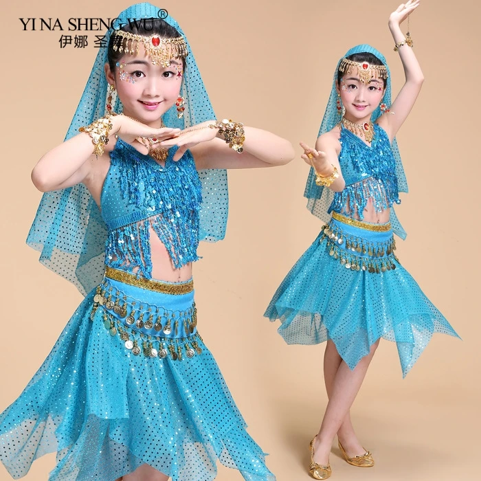 Belly Dance เครื่องแต่งกายเด็กชุด 3pcs อินเดียกระโปรง Handmade เด็กเครื่องแต่งกาย Bellydance สำหรับสาว Bollywood ประสิทธิภาพผ้า 5 สี