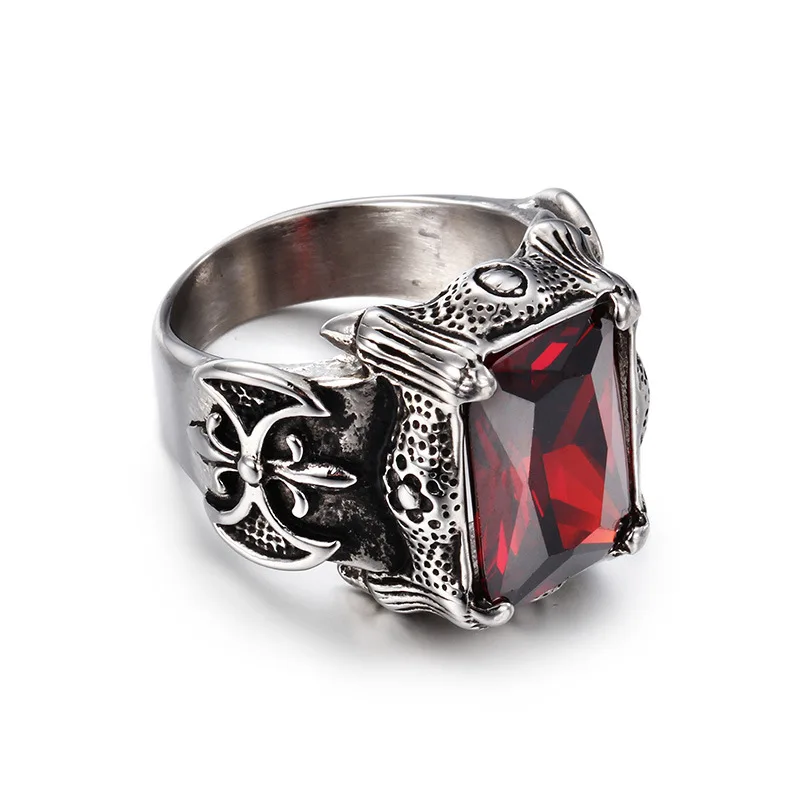 Silver color Retro punk gothic  red stone men titanium steel casting ring