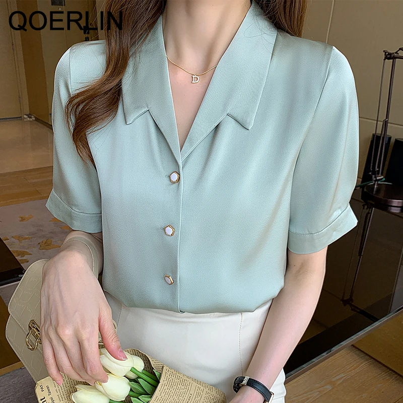 QOERLIN-Camisa cetim de manga curta para mulheres, blusa branca com botão, tops doces, elegante e formal, senhora do escritório, OL, chique e