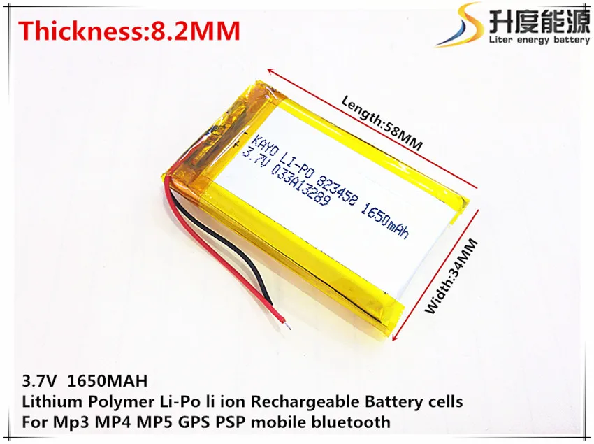 3.7V 1650mAh 823458 Lithium Polymer Li-Po li ion Rechargeable Battery cells For Mp3 MP4 MP5 GPS  mobile bluetooth