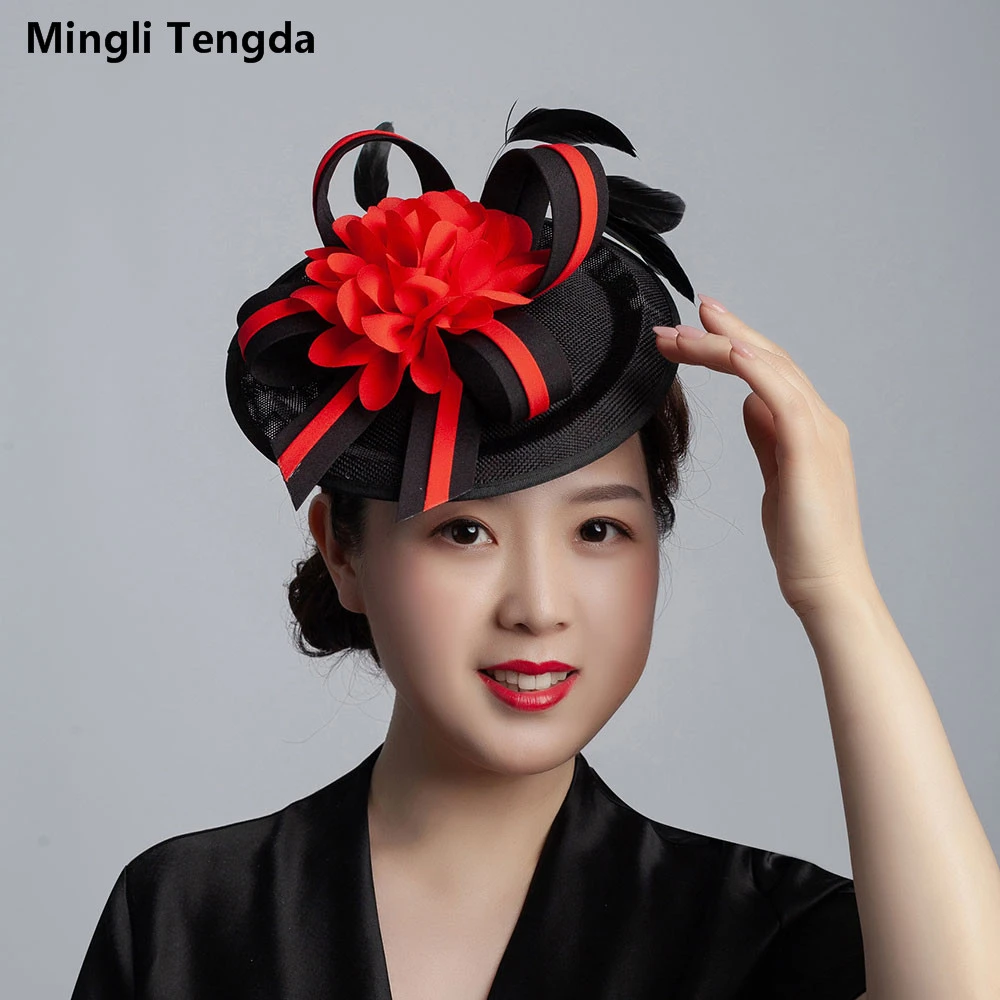 Mlingli Tengda 多色麻ティアラファッションウェディングアクセサリーパーティー帽子ジョッキーガーゼの羽のヘッドドレスブライダル帽子キャップ花嫁