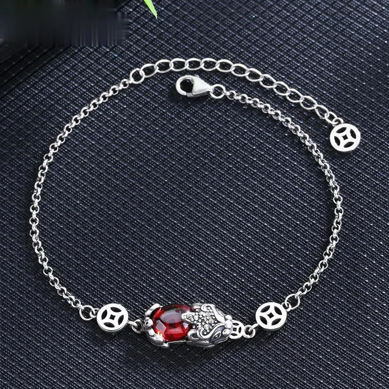 Vintage Silver Color Women's Pi Xiu Bracelet Red Gems Chain Bracelet for Feng Shui Wealth Healthy Bracelet Good Lucky Jewelry