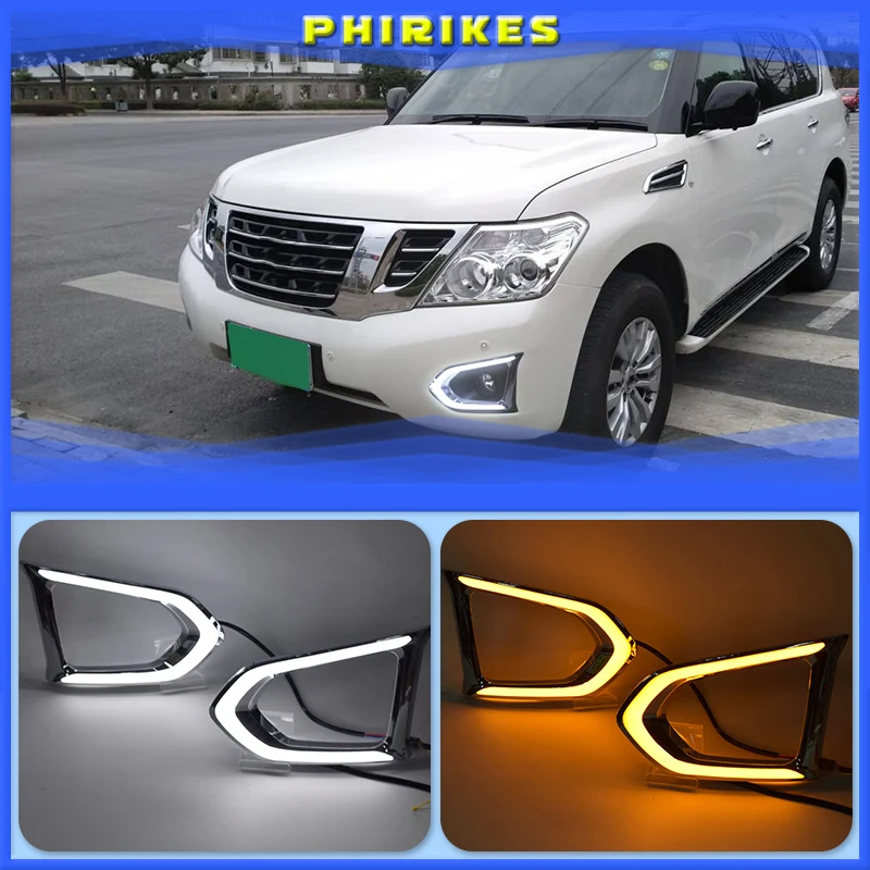 

1Pair Car LED DRL For Nissan Patrol Y62 2016 2017 2018 Daytime Running Light With Yellow Turn Signal Night Blue Fog Lamp