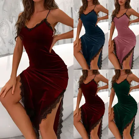 Seksi uzun uyku elbise kadın kadife dantel gece elbisesi pijama Nightie gecelik seksi iç çamaşırı yüksek bölünmüş Babydoll iç çamaşırı