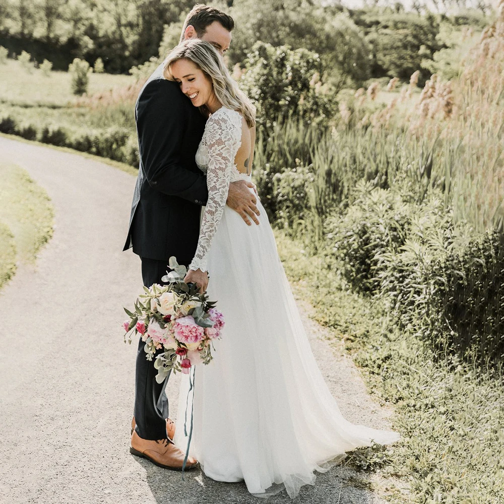 Robe de soirée de mariage en Tulle, tenue de plage, style Boho, manches longues en dentelle, dos ouvert, coupe trapèze, col en v, élégante, grande taille, 2021