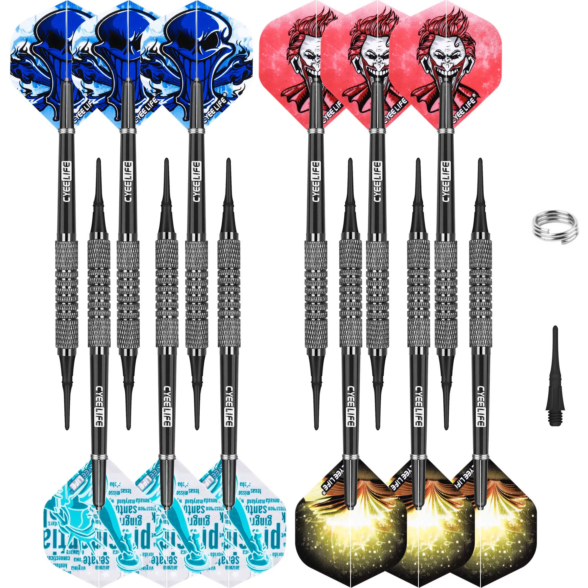 CyeeLife 9g/12/14g Soft tip darts set 12 Packs with Black PVC Shafts+Metal Spring O Rings+30 Plastic Points for Electronic board