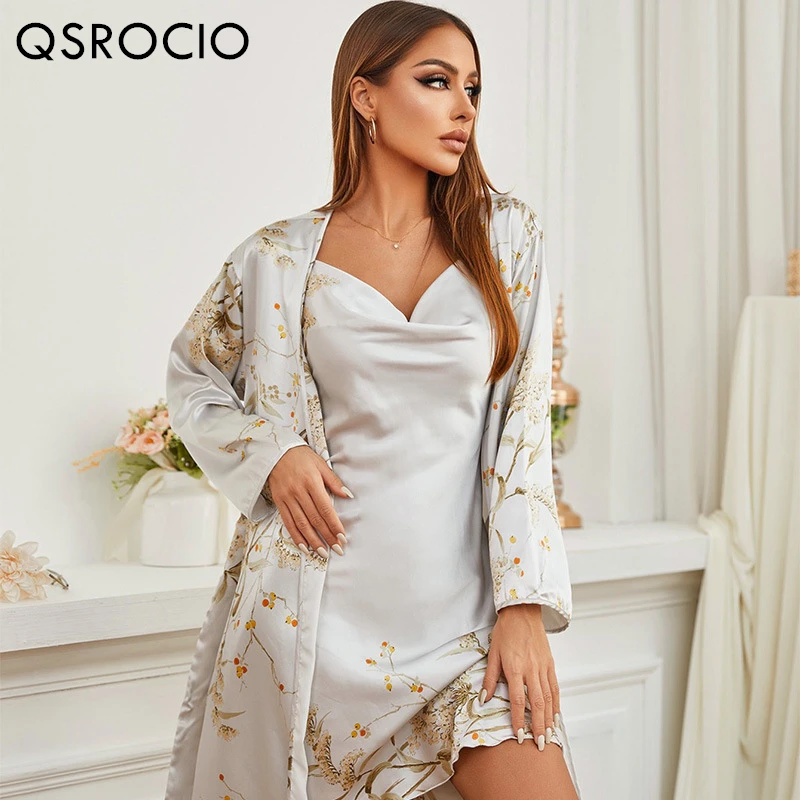 QSROCIO Women\'s Pajamas Robe Set Silk Like Homewear Deep V Neck Sling Dress Luxury Floral Print Bathrobe 2pcs Home Clothes Femme