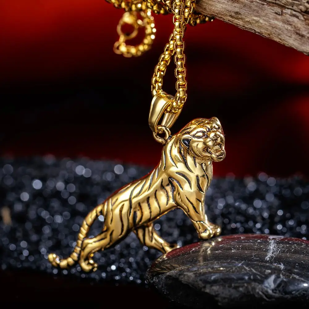 Punk Tiger Pendant Necklace for Men Stainless Steel Jewelry Link Chain Vintage Jewelry