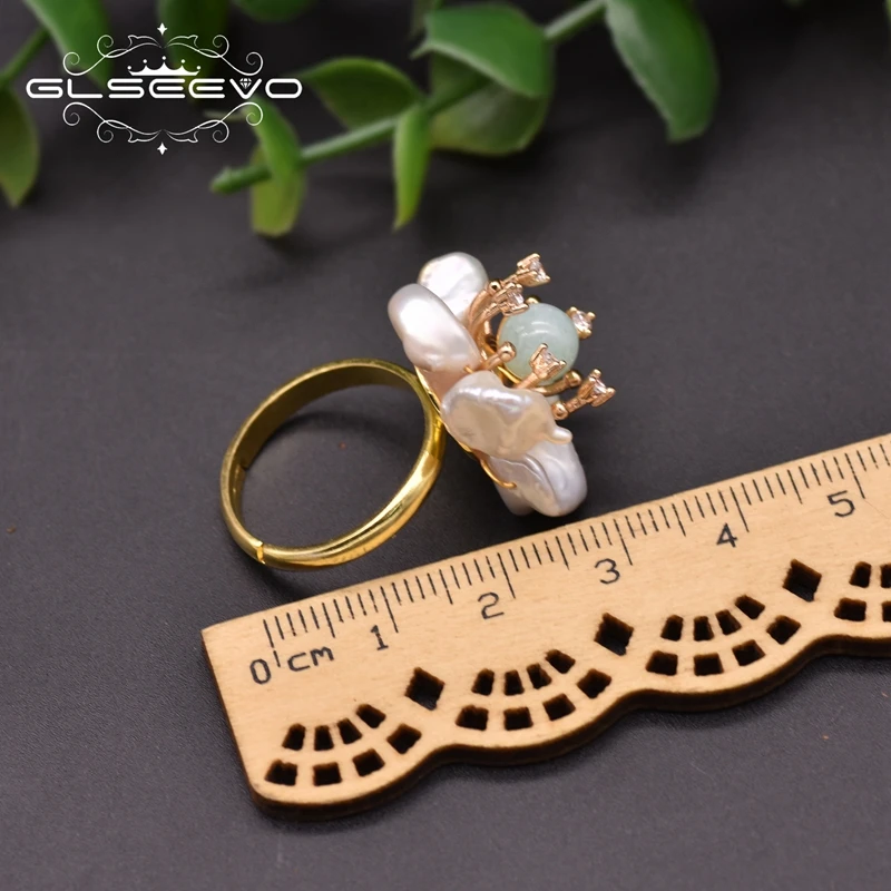 GLSEEVO Natural Baroque Pearl Rings For Women Wedding Engagement 925 Silver Flower Ring Luxury Handmade Fine Jewellery GR0266A