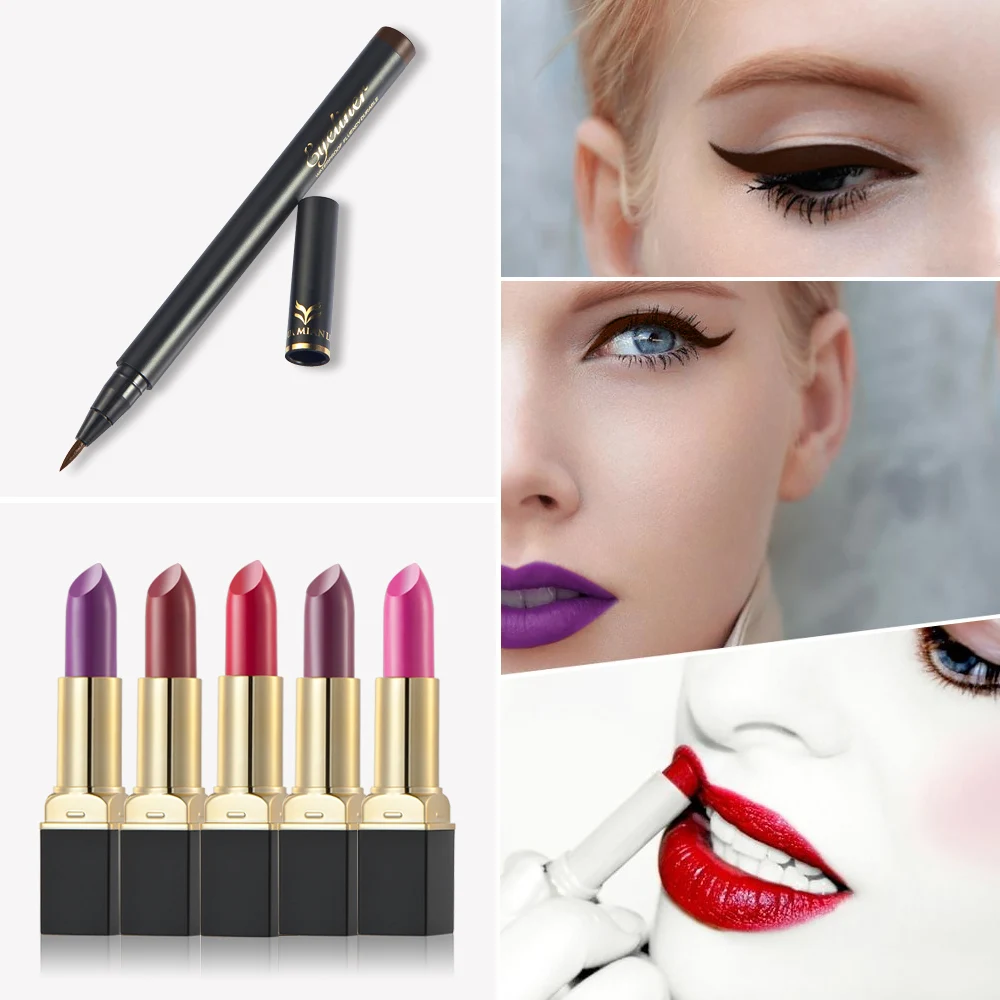 HUAMIANLI marca Matte Velvet Lipstick & Liquid Brown EyeLiner Pencil Makeup Lip Gloss Set di trucco Sexy impermeabile a lunga durata