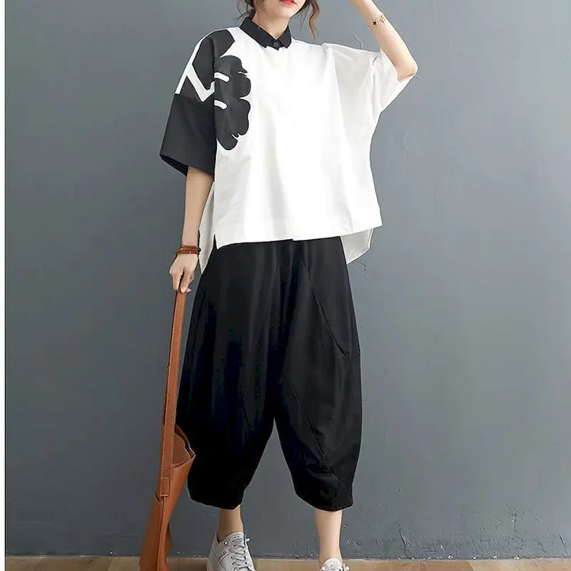 2024 Summer New Womens Suit Printing Fashion Suit Cotton Casual Short-sleeved Shirt Loose Wide-leg Pants Two Piece Set Oversized