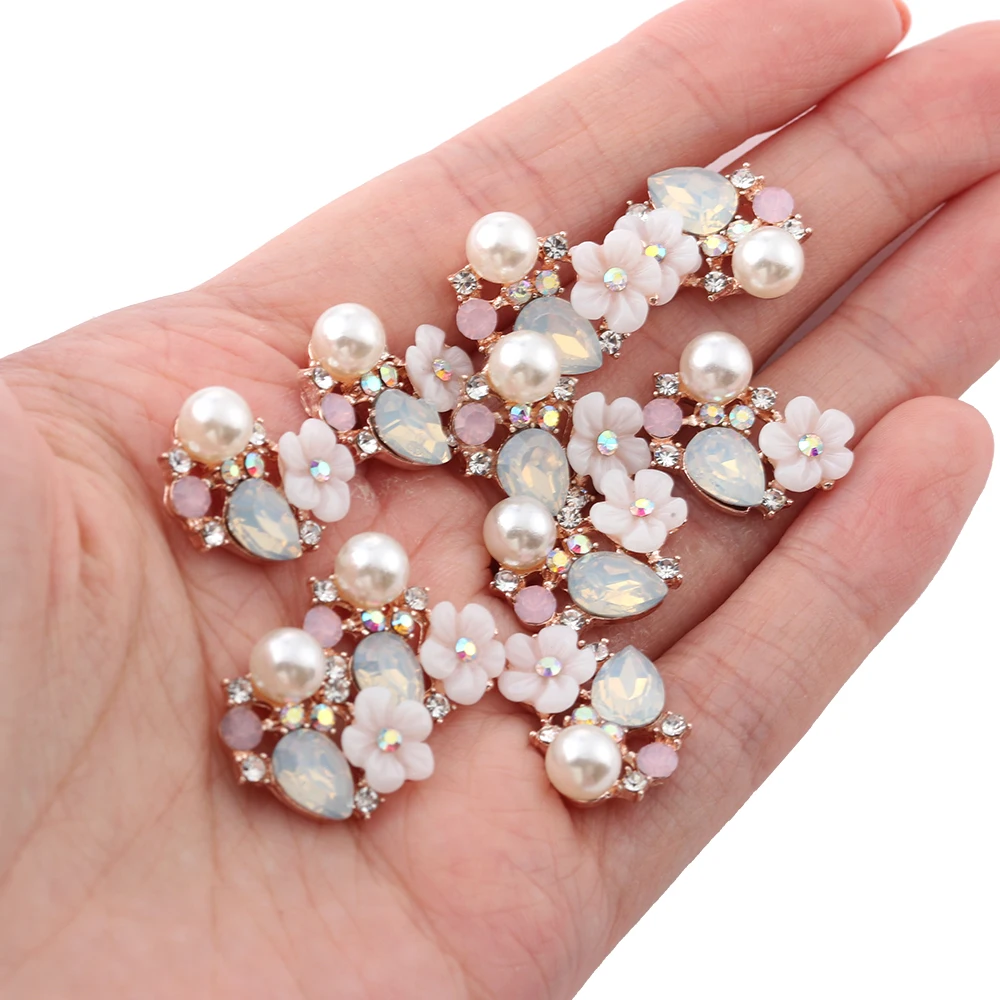 10PCS Flower Rhinestone Button For Making Pearl Hairpin Garment Accessories  Flatback Plating Garment Buckle Clothing Decoration