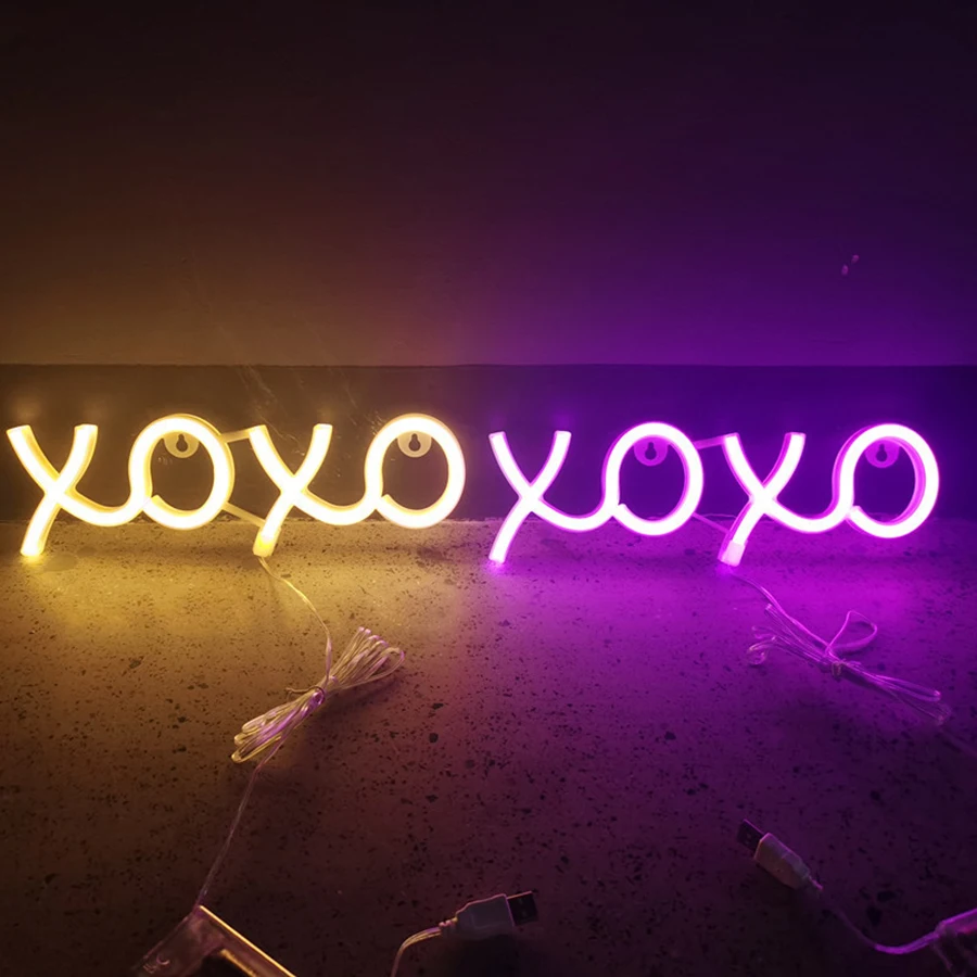 XOXO Sign Neon Light Greeting Welcome Logo Modeling Lamp LED Decor Wall Room Home Club Party Holiday USB / Battery Powered