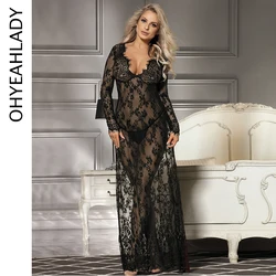 Ohyeahlady Women Long Nightgown Floral Lace Black Transparent Sleepwear Nighty Dress Elegant Floral Lace Plus Size Sexy Lingerie