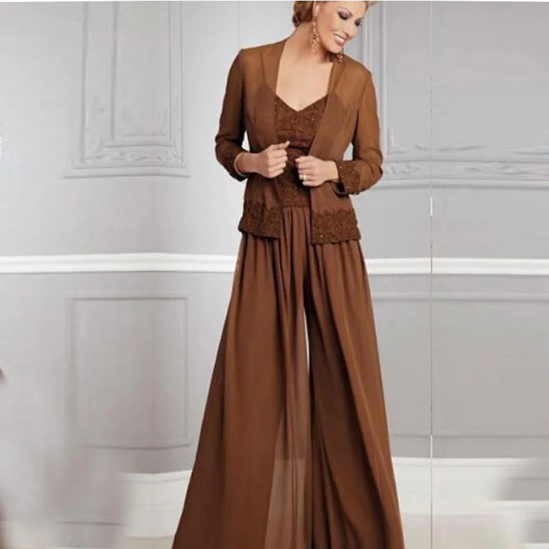 

Long Sleeve Jacket Plus Size Mother Of The Bride Pant Dresses Suits With Jacket Chiffon Spaghetti Strap Customer Made Outsets