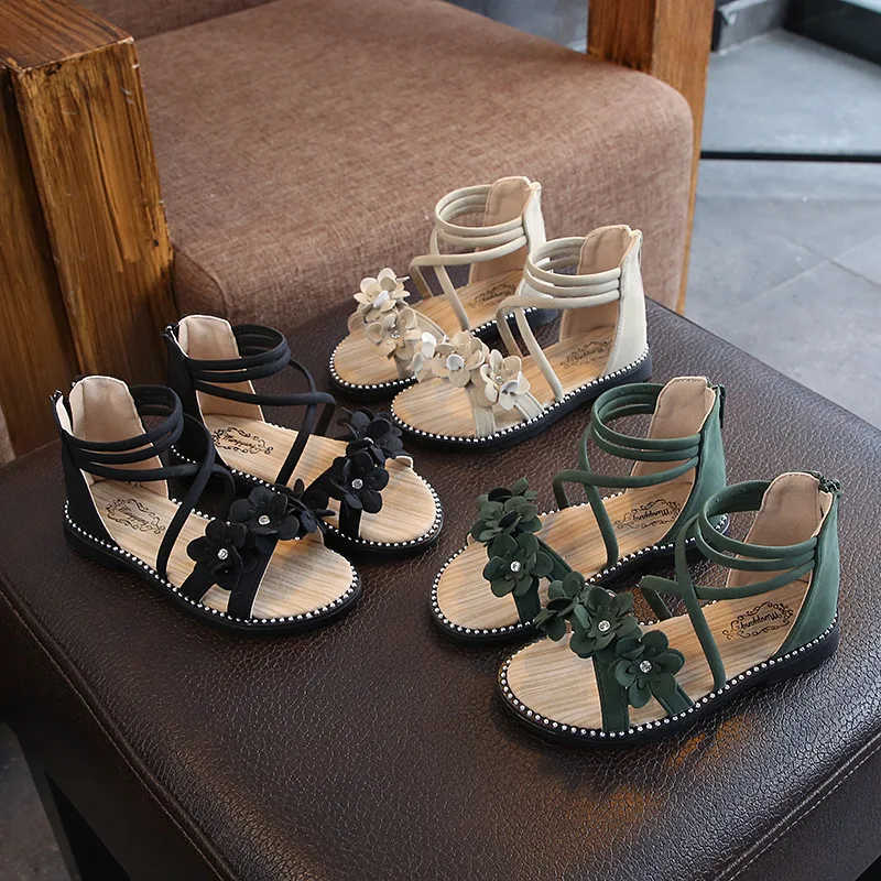 Zapatos de playa con flores y diamantes de imitación para niños y niñas, calzado de verano con fondo suave, 4, 5, 6, 7, 8, 9, 10, 11, 12 años,